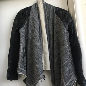 Open faced sweatshirt with leather sleeves